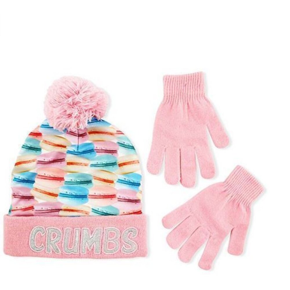 ABG Accessories Big Girls Macaroon Crumbs Pom Beanie with Glove Set, Pink